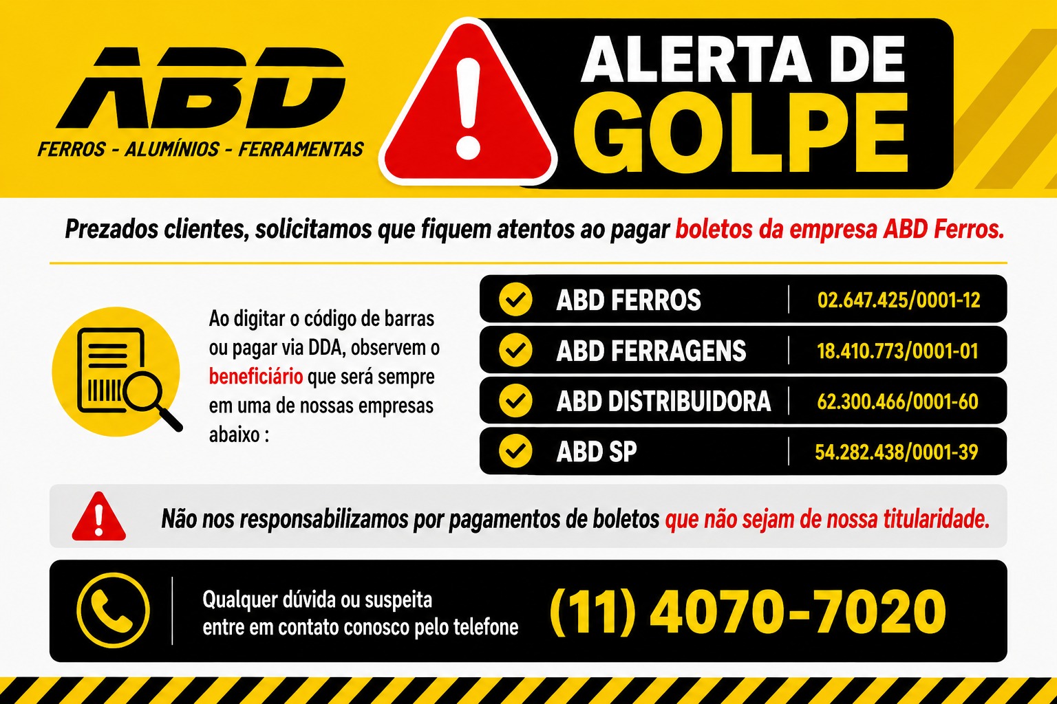 Alerta de golpe — confira o beneficiário ao pagar boletos da ABD Ferros